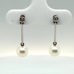 14k SOLID White Gold Pearl & Diamond Dangle Earrings